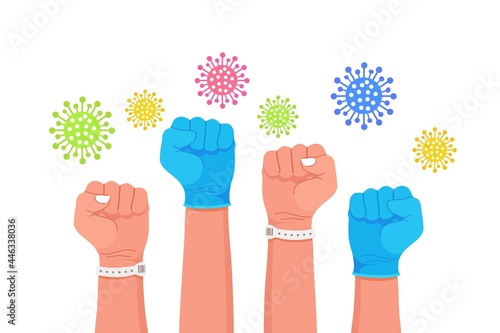 Raised clenched fist of patients and medical workers. Нuman hands in blue protective medical gloves. Super hero doctors and nurses. Fight coronavirus together. Vector design