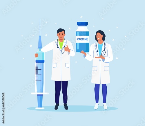Time to vaccinate for immunization against coronavirus. Doctor and nurse hold syringe and vaccine bottle, ampoule. Vaccination for covid 19. Vector llustration