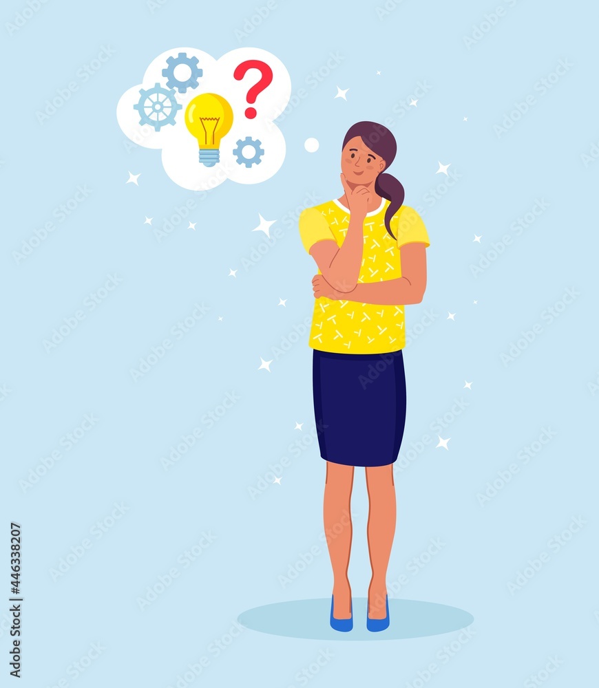 Smart woman thinking or solving problem. Pensive girl with thought bubbles, question marks, light bulb. Girl is confusing. Vector design
