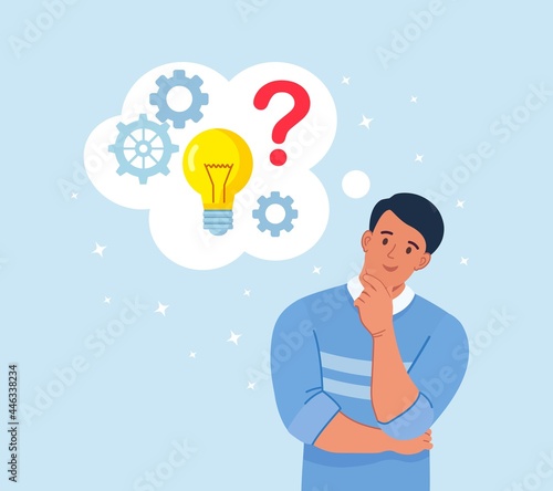 Smart man thinking or solving problem. Pensive guy with thought bubbles, question marks, light bulb. Man is confusing. Vector illustration