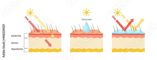 UV protection. Sunscreen lotion protect human skin from UVA, UVB ray. Vector illustration photo