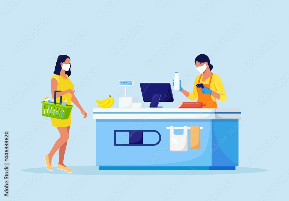 Obraz premium Customers stand in line at grocery supermarket with goods in shopping cart. Woman put buys on cashier desk for paying. Grocery Purchases. Store Counter cashier and buyers in medical masks. Vector