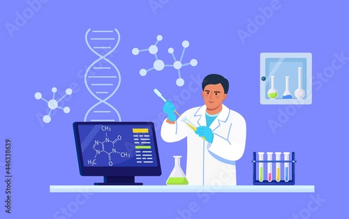 Man chemist with flasks with liquid in hand. Scientist is experimenting with equipment for vaccine discovery in lab. Doctor working on antiviral treatment development. Vector illustration