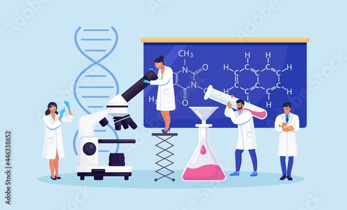 People work in science laboratory. Tiny scientist researcher working with lab scientific equipment, microscope. Laboratory staff performing experiments, research, analysis and tests of vaccines. 