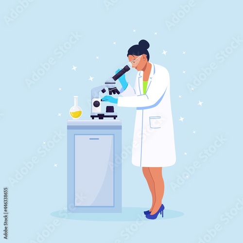 Young woman scientist looking through a microscope in a laboratory doing chemical research, microbiological analysis or medical test. Vector illustration