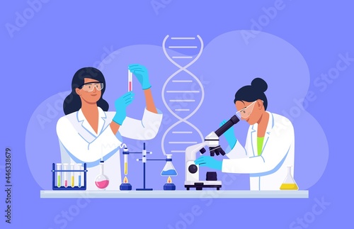 Young woman scientist looking through a microscope in a laboratory doing chemical research, microbiological analysis, test. Biochemical science laboratory staff performing experiments of vaccine.