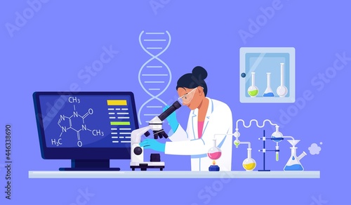 Young woman scientist looking through a microscope in a laboratory doing chemical research, microbiological analysis or medical test. Vector illustration