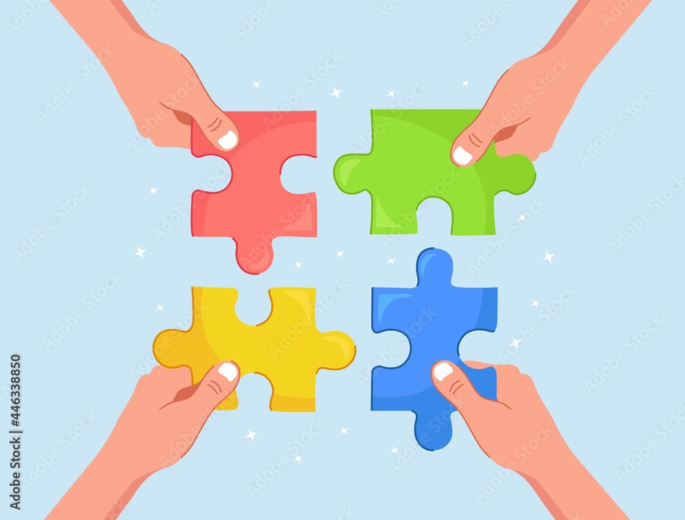 Businessmen hold in hands the pieces of jigsaw puzzle and connect it. Team work business metaphor. Teamwork, success concept. Vector illustration Businessmen hold in hands the pieces of jigsaw puzzle and connect it. Team work business metaphor. Teamwork, success concept. Vector illustration