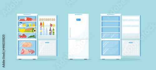 Empty, closed and opened refrigerator with different healthy food. Fridge on Kitchen, freezer with meat on shelves. Vector illustration