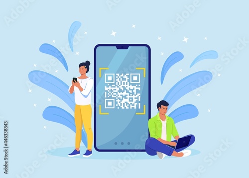 QR code scanning concept. Characters use mobile phone, scan barcode for online payment. Digital money app. Vector illustration