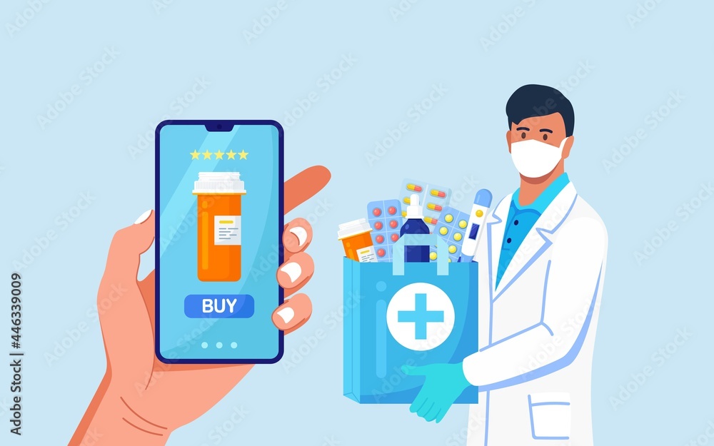 Pharmacist in disposable gloves with paper bag with medicines, drugs and pill bottles inside. Online Home delivery pharmacy service on phone screen. Doctor in white coat, facial mask with stethoscope. Pharmacist in disposable gloves with paper bag with medicines, drugs and pill bottles inside. Online Home delivery pharmacy service on phone screen. Doctor in white coat, facial mask with stethoscope.