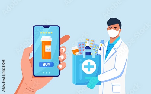 Pharmacist in disposable gloves with paper bag with medicines, drugs and pill bottles inside. Online Home delivery pharmacy service on phone screen. Doctor in white coat, facial mask with stethoscope.