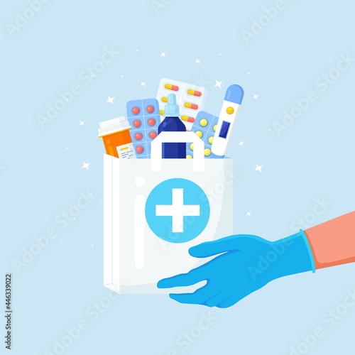 Courier hands in disposable gloves hold paper bag with pills bottle, medicines, thermometer inside. Home delivery pharmacy service. Vector illustration