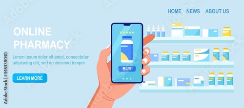 Human hand holding mobile phone for medicine online payment. Online pharmacy shopping. Medical assistance, health care concept. Vector illustration