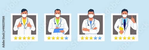 Choose doctor for consultation, five star rating. Feedback about medical staff. Best physicians profiles for patients analyzing. Telemedicine website for comparing reviews about therapists. Vector 