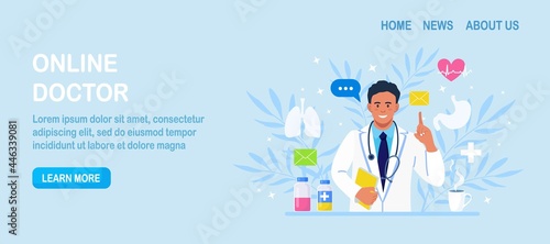 Online doctor. Ask therapist. Online medical advice or consultation service, tele medicine, cardiology. Healthcare application for website. Physician conducts diagnostics over the Internet. Vector 