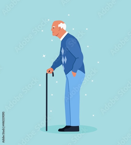 Elderly man with walking cane. Handsome old man in casual outfit with stick. Vector illustration