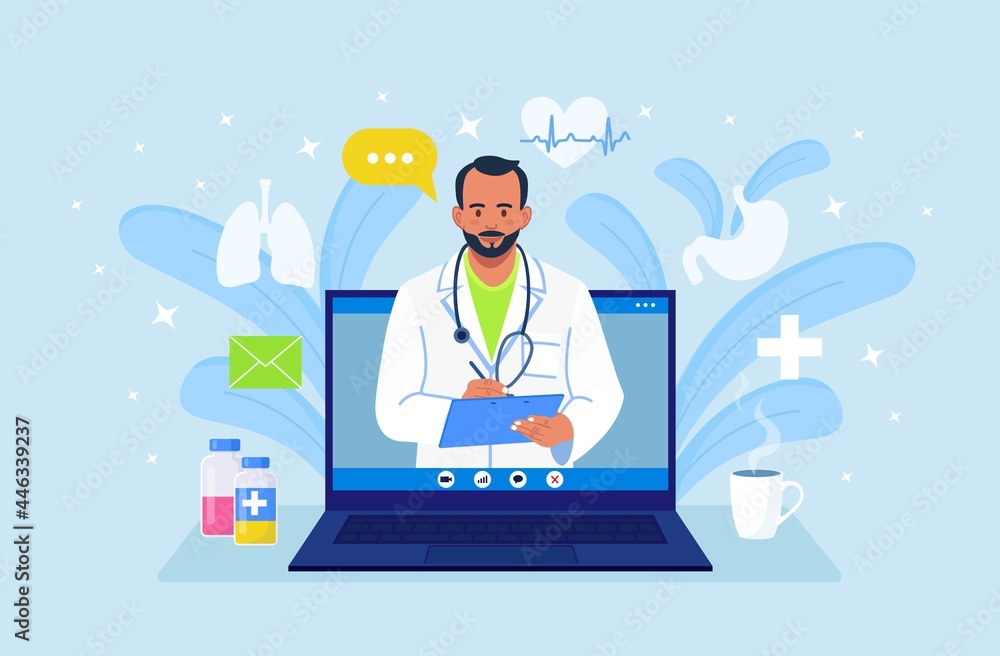 Online doctor. Ask therapist. Online medical consultation, advice, support service. Physician conducts diagnostics over the Internet. Man in white coat with stethoscope on laptop screen. Vector Online doctor. Ask therapist. Online medical consultation, advice, support service. Physician conducts diagnostics over the Internet. Man in white coat with stethoscope on laptop screen. Vector