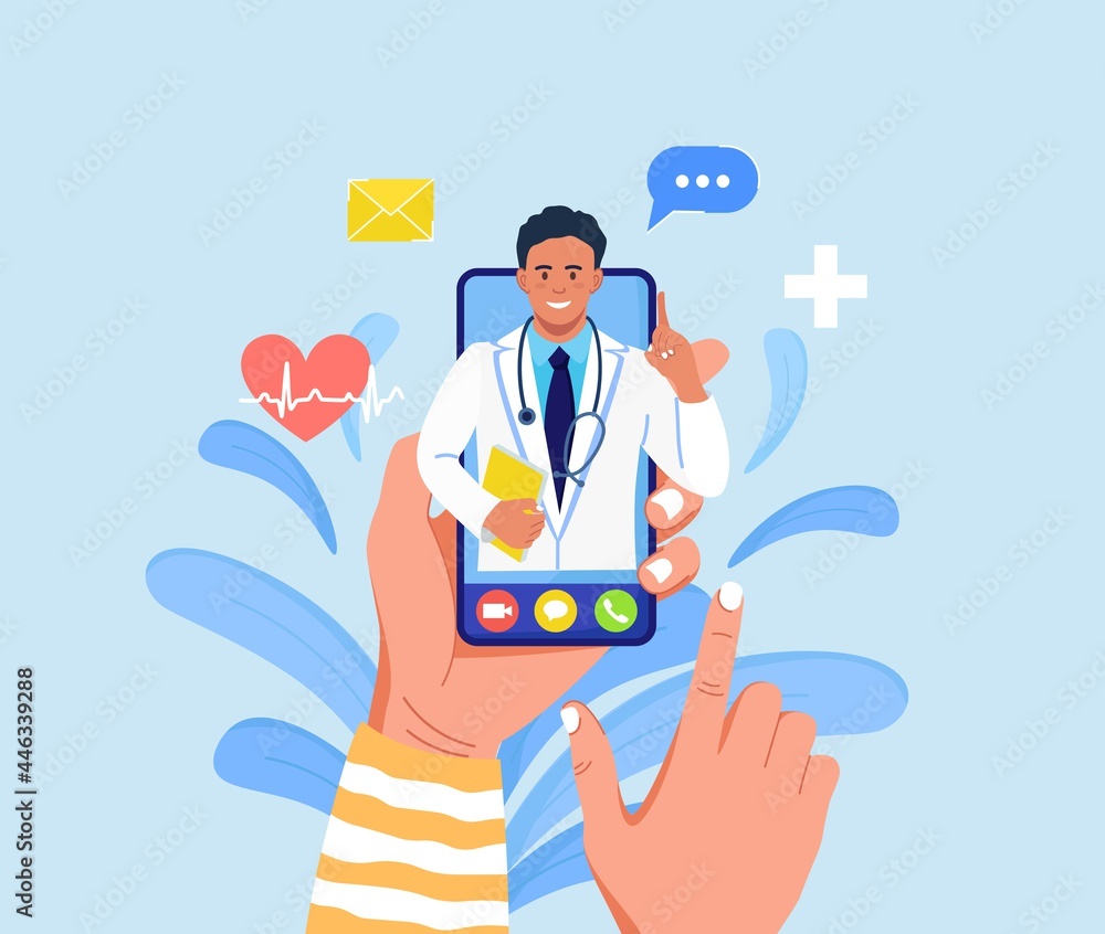 Online consultation with doctor. Virtual medicine. Phone screen with medic on chat in messenger. Using smartphone to video call to therapist. Vector illustration