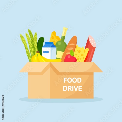 Donation box with food for hunger people. Different grocery products for homeless people in shelter. Solidarity,volunteering and charity concept. Vector illustration