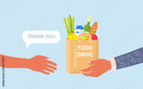 Volunteer holding a donation box with food for hunger people. Different grocery products for homeless people in shelter. Solidarity and charity concept. Vector illustration