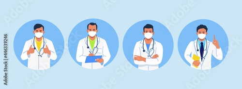 Group of doctors, surgeon, pharmacist or therapist with facial protective mask and stethoscopes. Team of smiling medic workers. Vector illustration