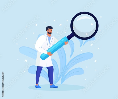 Tiny male doctor in medical robe holding huge magnifier in hands. Hospital Healthcare Staff at Work. Medical test research, examination of patient concept. Vector illustration