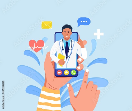 Online consultation with doctor. Virtual medicine. Phone screen with medic on chat in messenger. Using smartphone to video call to therapist. Vector illustration