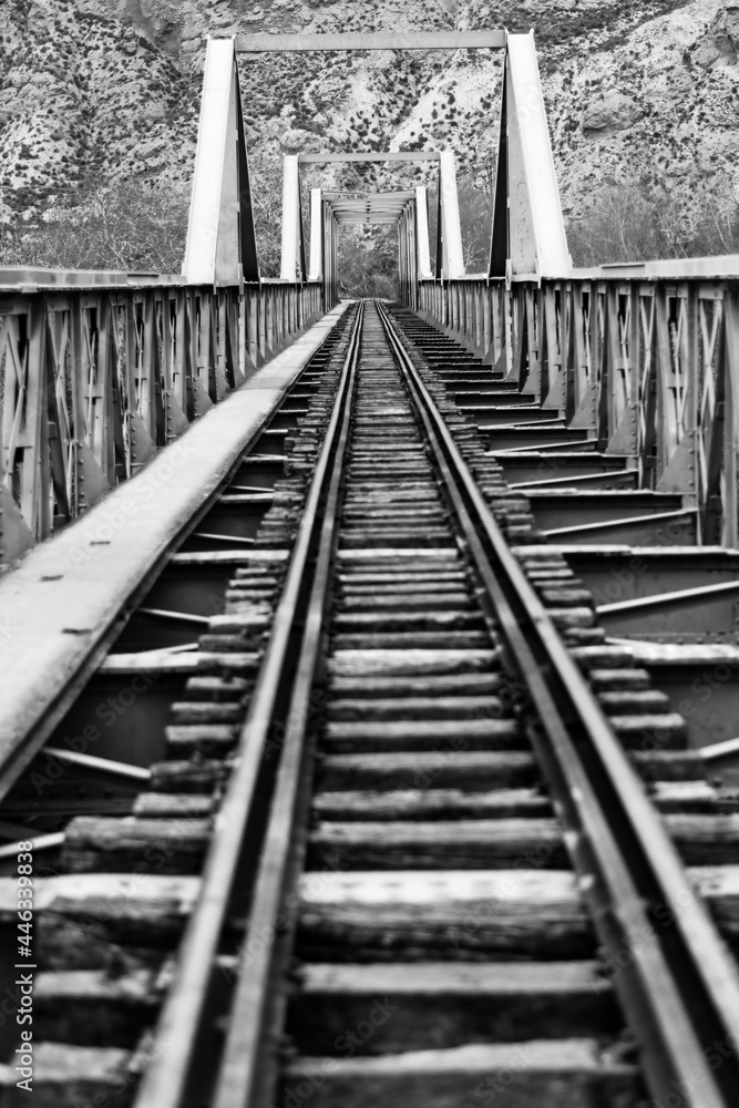 Railroad to infinity in black and white.