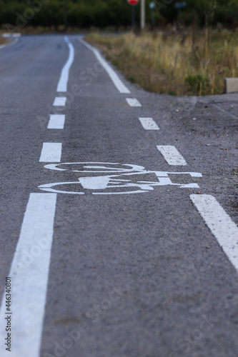 Road with bicycle path. Bicycle lane signage