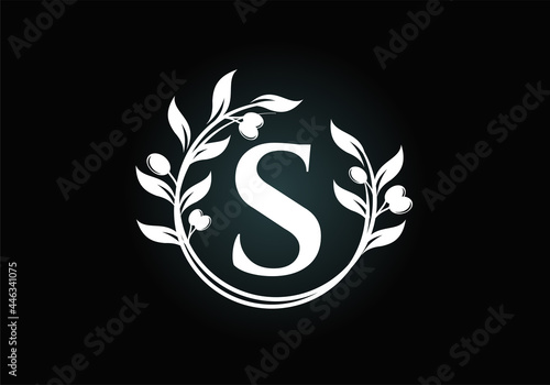 Initial letter S sign symbol with olive branch wreath. Round floral frame made by the olive branch. Agriculture industry logo design vector template. Olive oil label