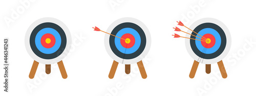 Archery target ring with and without arrows hitting bullseye. Dartboard on tripod isolated on white background. Goal achieving concept. Business success strategy symbol. Vector cartoon illustration.