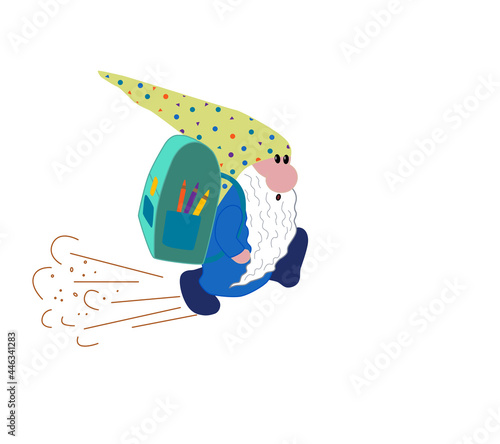 A funny Scandinavian gnome with a backpack runs to school.  Vector illustration on the topic of learning, the day of knowledge.
