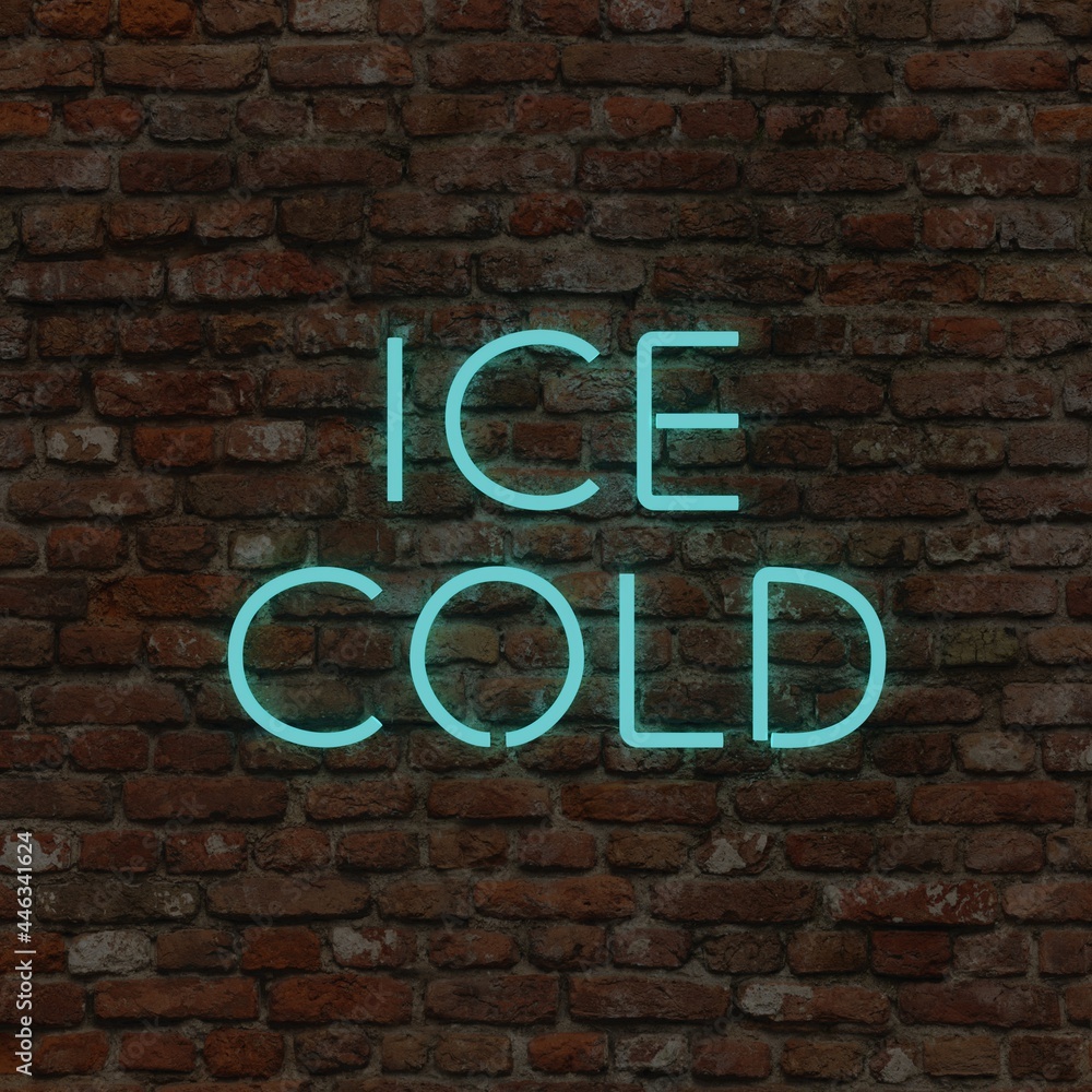 Ice cold glowing neon sign on brick background render Ice cold glowing neon sign on brick background render