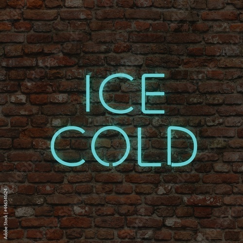 Ice cold glowing neon sign on brick background render photo