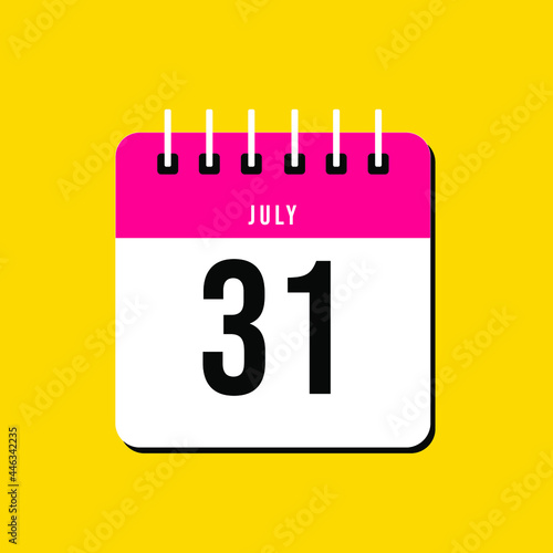 July day 31. Number thirty-one on a white paper with pink color border on a yellow background vector.Calendar illustration
