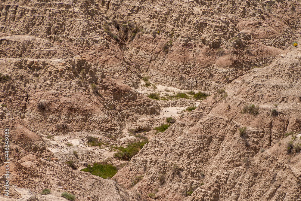 Badlands National Park, SD, USA - June 1, 2008: Closeup of a brown-beige canyon with some green at the bottom.