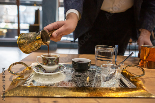 Turkish coffee served. Beautiful details on the pot, tray and cups