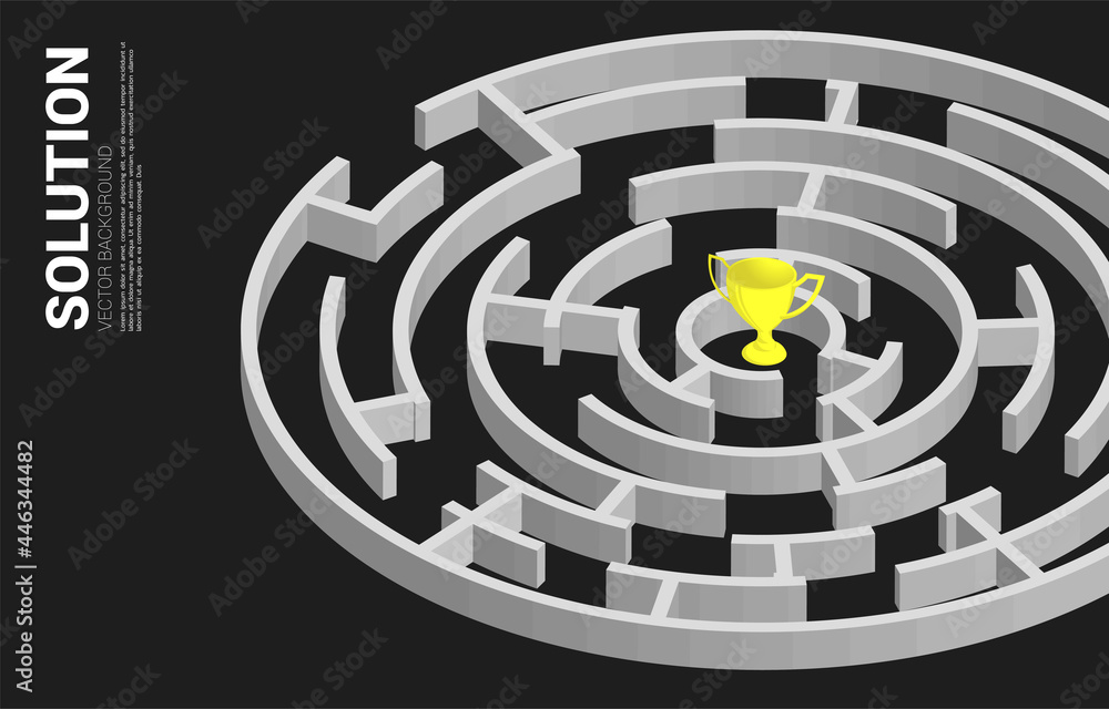Golden trophy at center of maze. Business concept for problem solving and solution strategy Golden trophy at center of maze. Business concept for problem solving and solution strategy