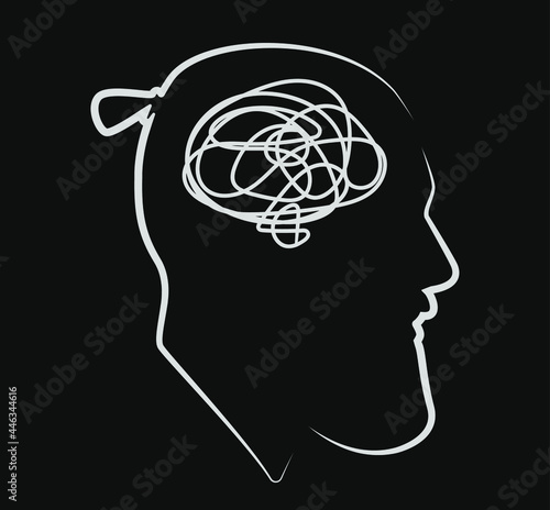 Silhouette of a male head. Icon. Stylish guy. Flat illustration of face. Head icon. Silhouette of a guy. Man avatar. Linear avatar. Intrapersonal conflict. Depression. Entanglement. Psychology