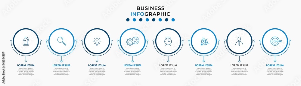 Vector Infographic design illustration business template with icons and 8 options or steps. Can be used for process diagram, presentations, workflow layout, banner, flow chart, info graph - obrazy, fototapety, plakaty 