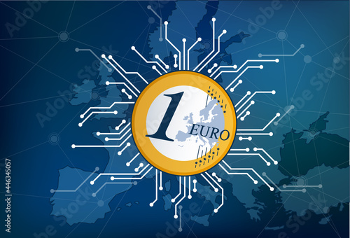 Digital euro vector illustration. Blue banner with circuits and a euro coin related to European digital / virtual money or currency, ecb e-money, Europe central bank, e-commerce cash, digitaler euro.