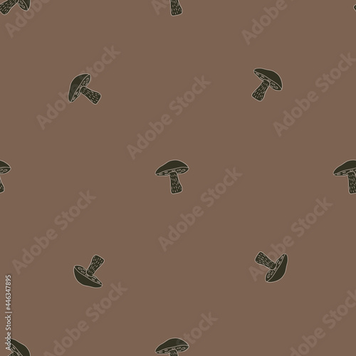 Fall brown tones seamless pattern with hand drawn Leccinum scabrum mushroom ornament.