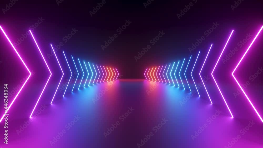 3d cycled animation, abstract pink red blue neon background with glowing gradient arrows, showing forward direction. Empty stage