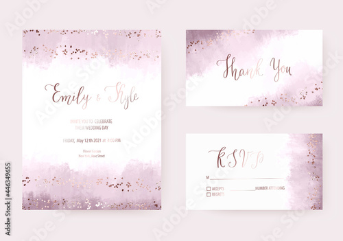 Wedding lilac watercolor invitation design, thank you and rsvp cards with rose gold border confetti texture.