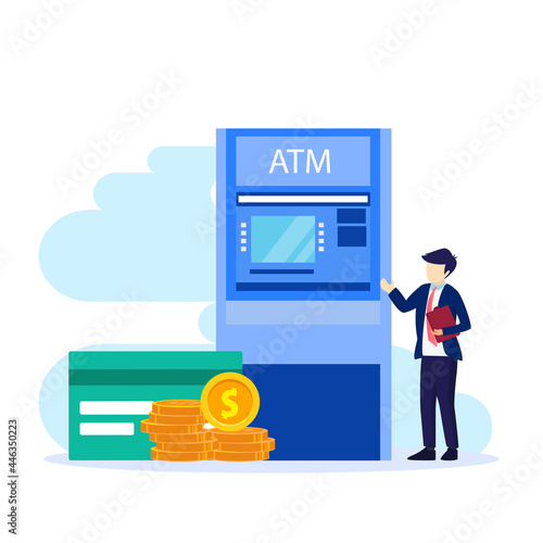 Vector illustration of modern business concept style. The character of the person makes money withdrawals at ATMs, Cash withdrawal from ATMs. Flat vector template Style Suitable for Web Landing Page.
