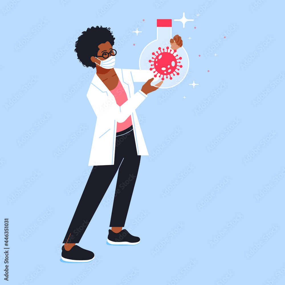 virologist with face mask holding isolated virus in lab flask virologist with face mask holding isolated virus in lab flask