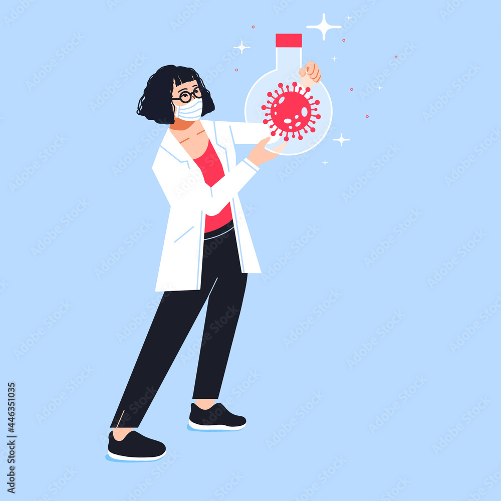 virologist with face mask holding isolated virus in lab flask virologist with face mask holding isolated virus in lab flask