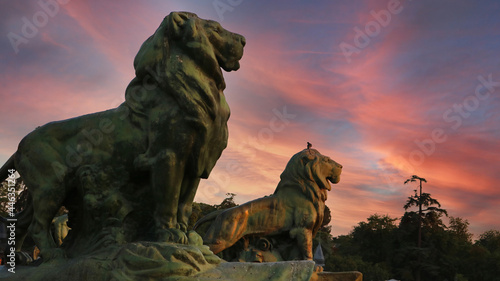 Sunset landscape with statues of lions in the Retiro Park of Madrid - wallpaper or postcard for tourism