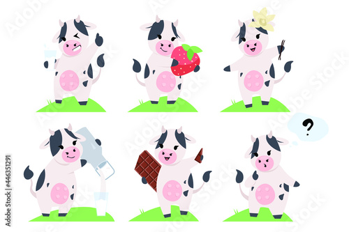 Cute cow in various situation. Milk flavors. Mascot concept